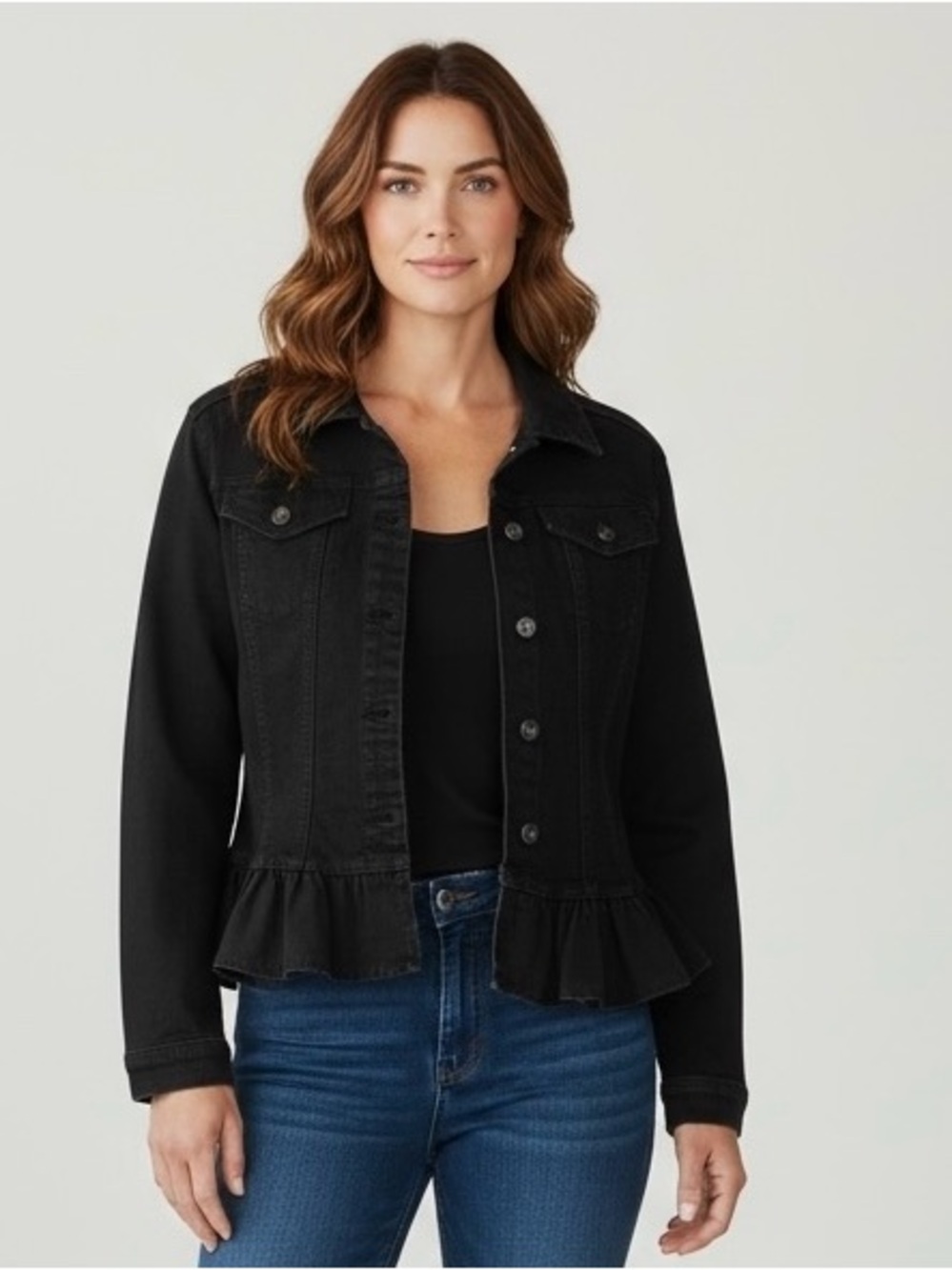 DG2 by Diane Gilman Black Denim Jacket Peplum Ruffle Hem medium
